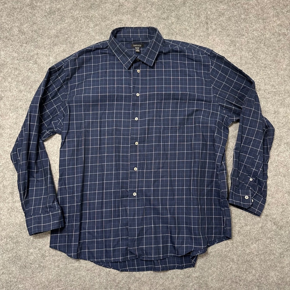 Van Heusen Button Up Shirt Mens XXL Blue Grid Plaid Long Sleeve Dress Casual
